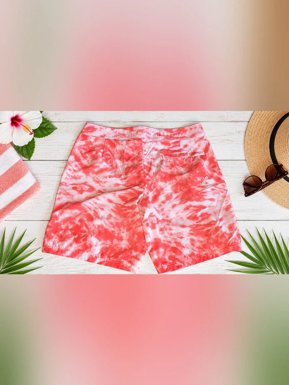 American Eagle Men's Coral & White Tie-Dye Swim Trunks Shorts - Size Large